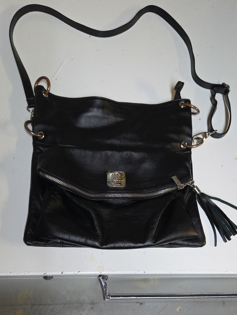 I Medici Black Italian Leather Crossbody Bag Purse with Tassel